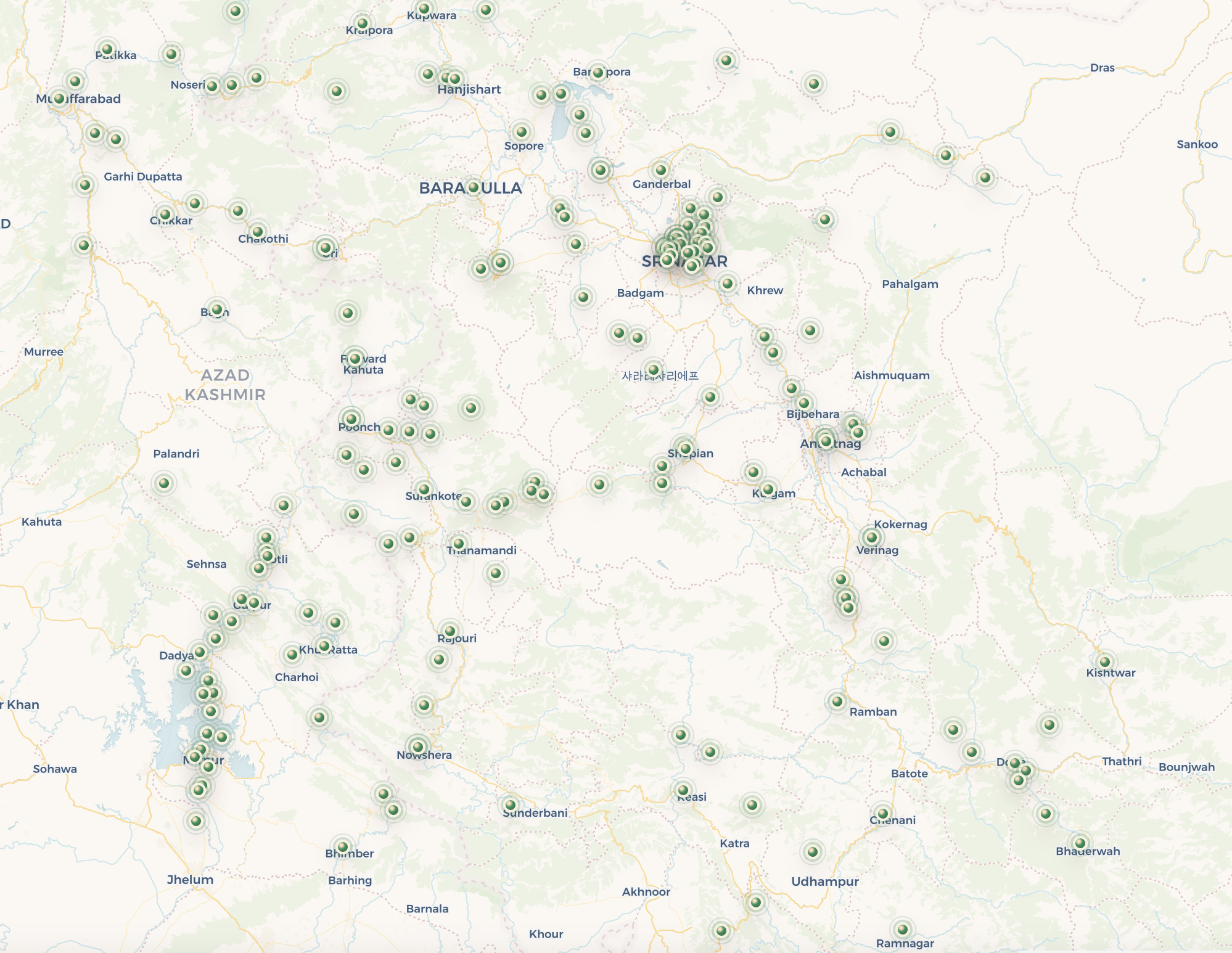 Map preview showing confirmed gazetteer places across Jammu and Kashmir